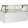 Refrigerated chocolate display cabinet with transparent glass and sliding doors at the back