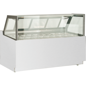 Refrigerated chocolate display cabinet with transparent glass and sliding doors at the back