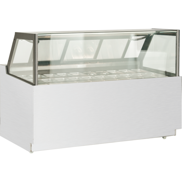 Refrigerated chocolate display cabinet with transparent glass and sliding doors at the back