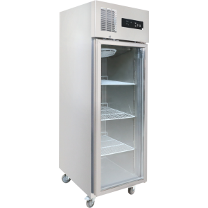 Stainless steel beverage display shelf with 4-tier wire shelves, front top control screen, and top fan cooling system