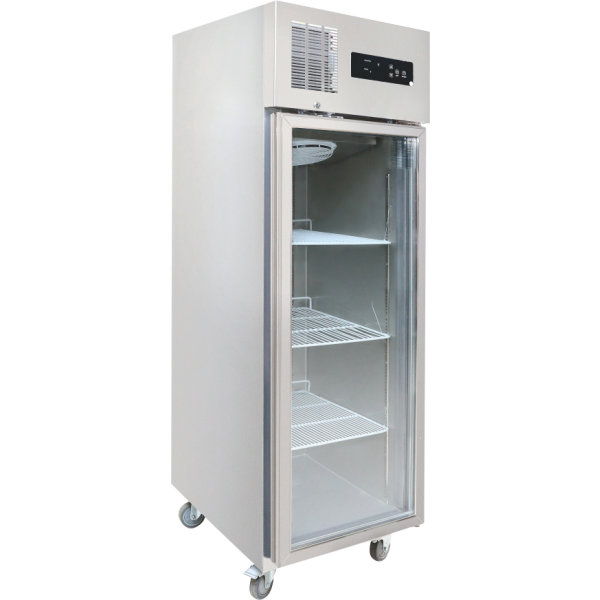 Stainless steel beverage display shelf with 4-tier wire shelves, front top control screen, and top fan cooling system