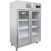 Double-glass-door display refrigerator with 3 wide shelves, double fan cooling, bottom wheels, and no center pillar