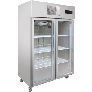 Double-glass-door display refrigerator with 3 wide shelves, double fan cooling, bottom wheels, and no center pillar