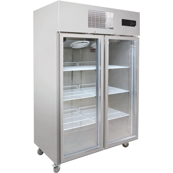 Double-glass-door display refrigerator with 3 wide shelves, double fan cooling, bottom wheels, and no center pillar