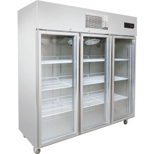 Three-glass-door display shelf with digital top control, fan cooling system, three wide shelves, and no center pillar