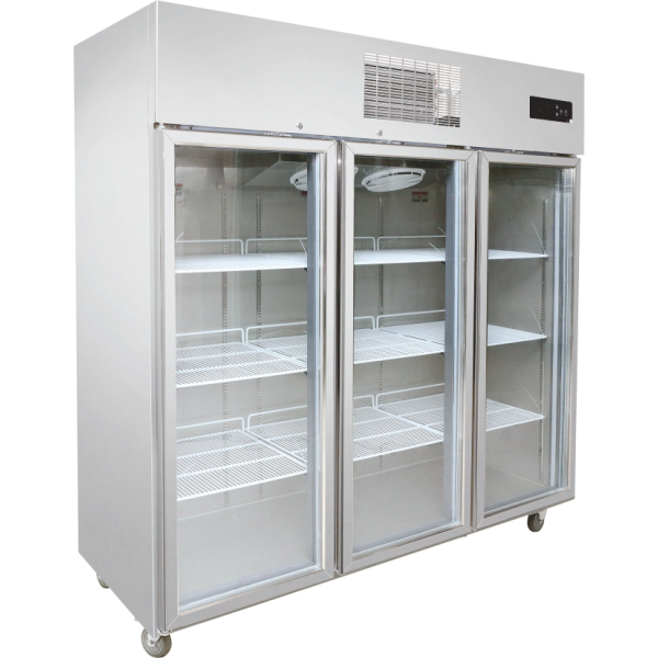 Three-glass-door display shelf with digital top control, fan cooling system, three wide shelves, and no center pillar