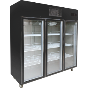 three glass door display refrigerator with top digital control, no center pillar, and fan cooling
