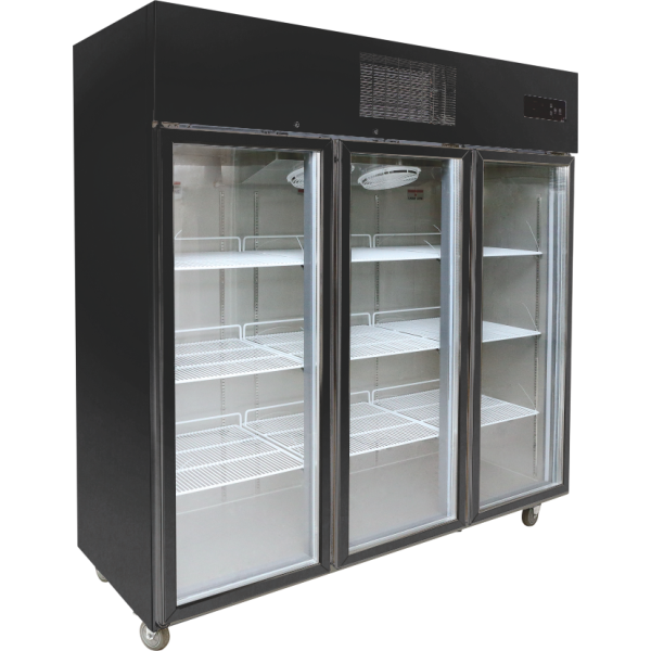 three glass door display refrigerator with top digital control, no center pillar, and fan cooling