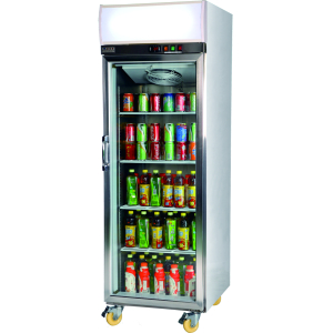 white single glass door beverage display refrigerator with five-tier shelves and top digital control panel