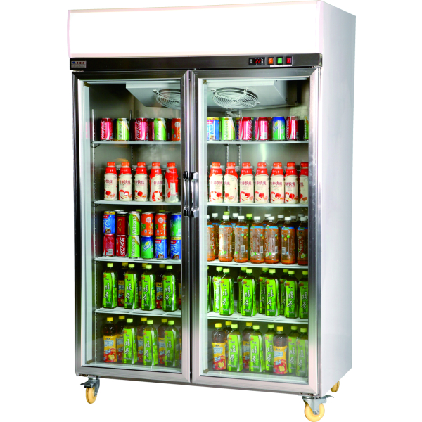 white double glass door beverage display chiller with five-tier shelves