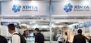 Full view of Xinya Refrigeration’s booth at Fispal 2025 showcasing commercial display fridges