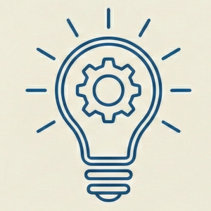 Innovation lightbulb icon with a gear inside, representing technical engineering and smart product development.